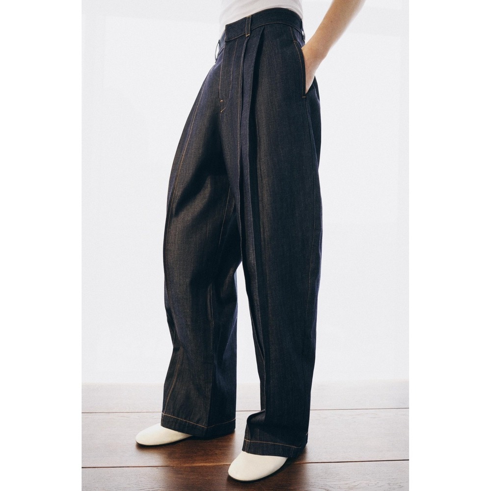 Zara ZW Collection High Waisted Balloon Pleated Jeans Dark Indigo Blue S / 4 NEW - Picture 4 of 7